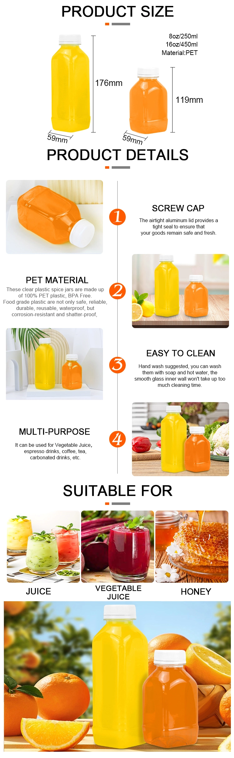 Wholesale BPA Free Food Grade 450ml 250ml 8 Oz 16 Oz Pet Plastic Juice Bottles with Cap